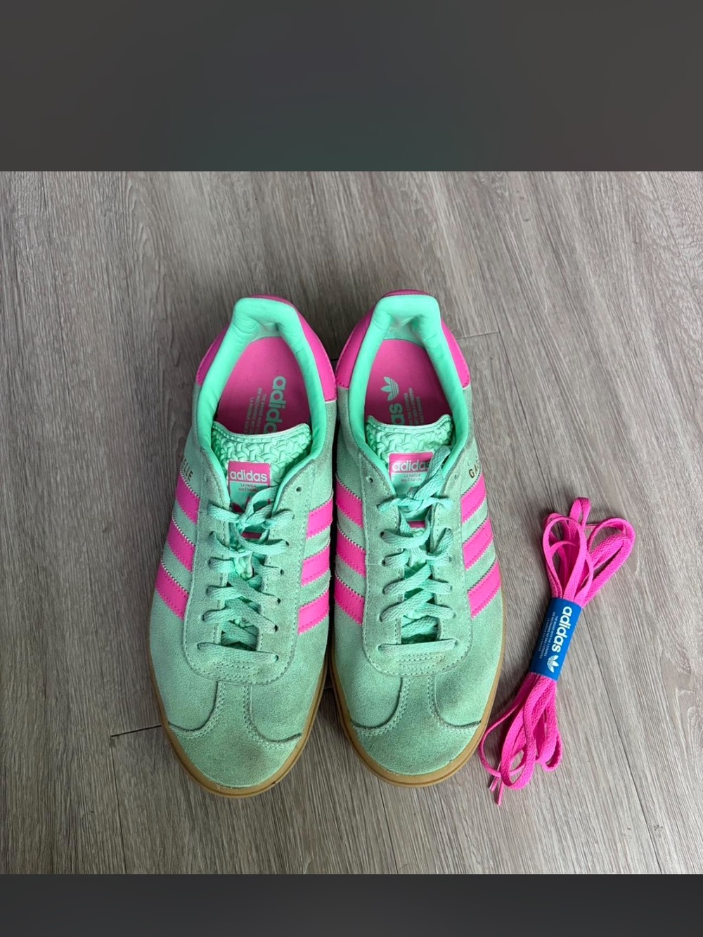 adidas gazelle platform  Women’s Mint Green and Pink Suede Sneakers